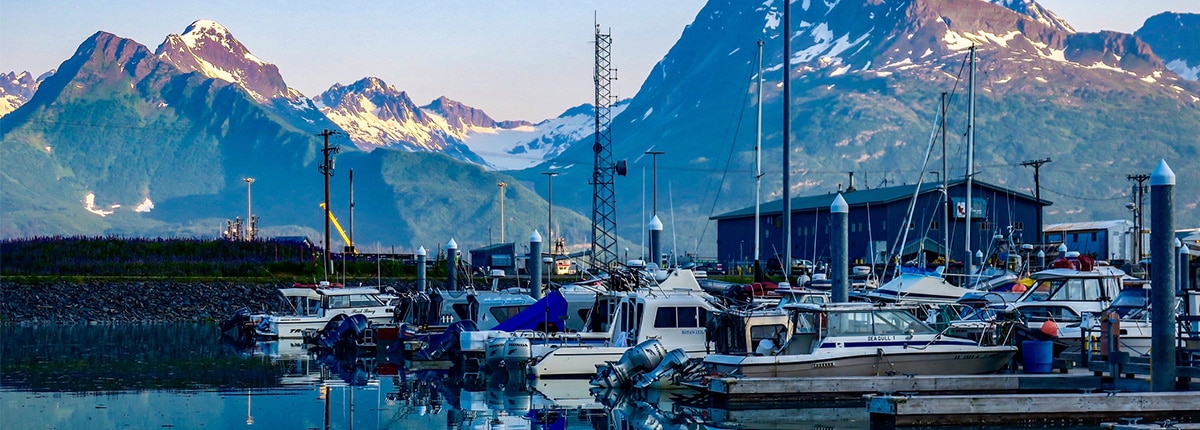 several fishing boats docked at the marina and a view of the mountain rage