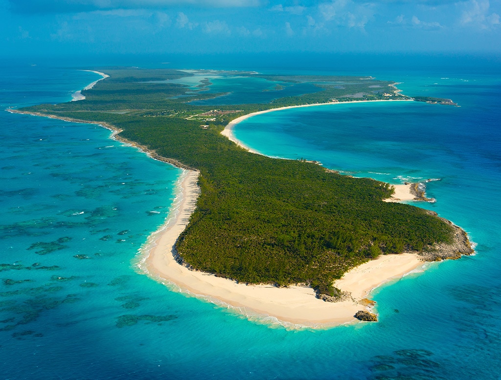 aerial view of half moon cay and beautiful turquoise waters