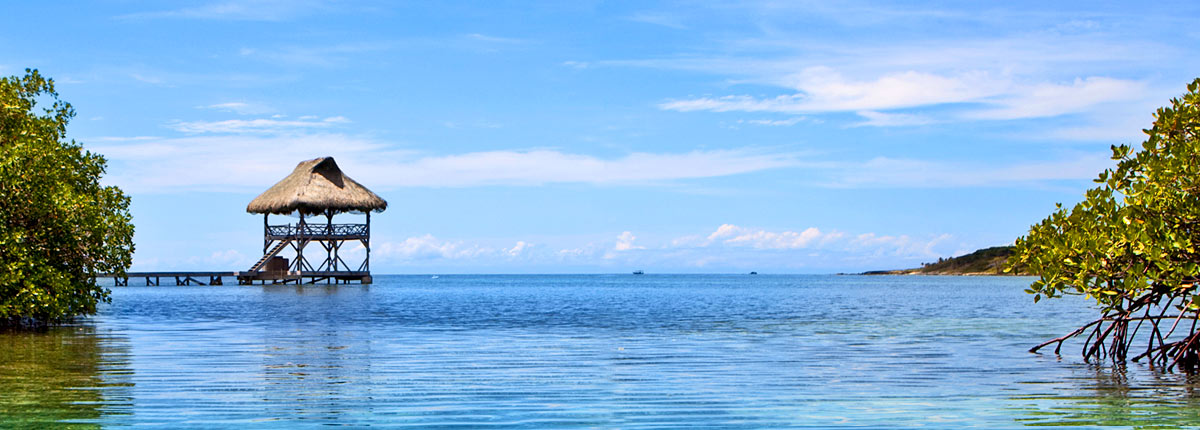 a hut perched over the ocean in mahogany bay, roatan