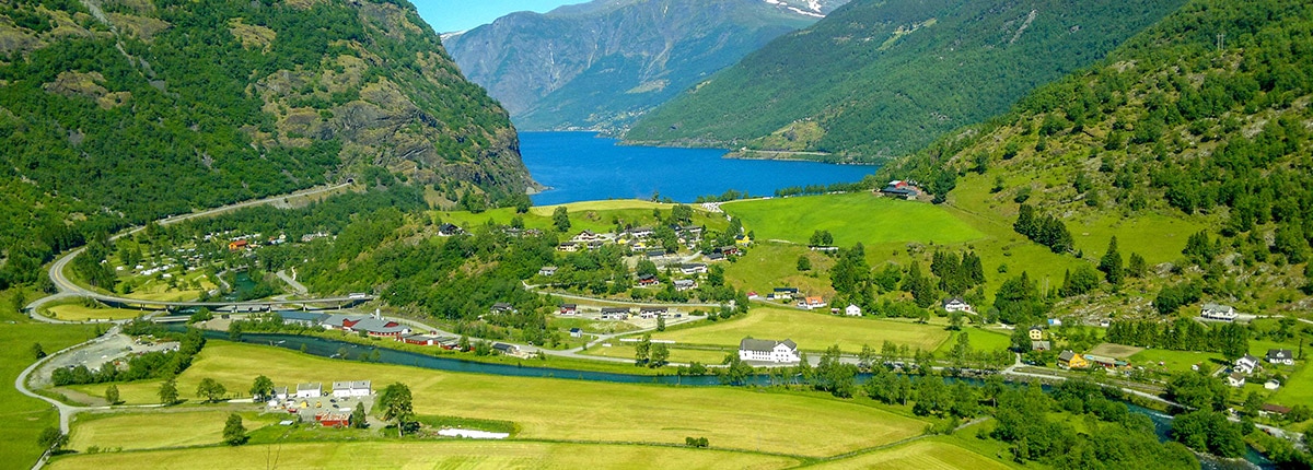 beautiful green valley and fjord of flaam, norway