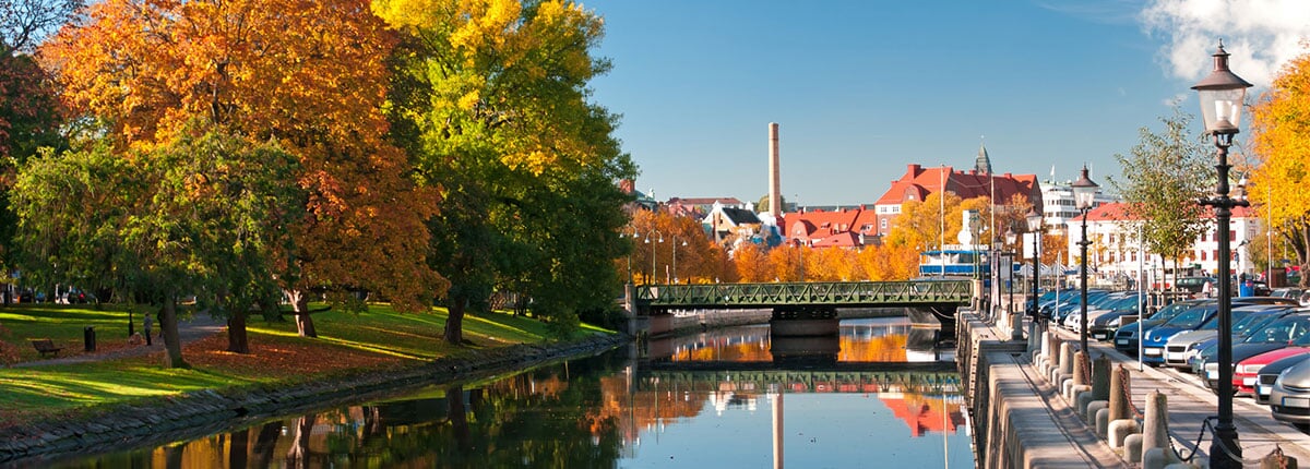 autumn trees reflecting on river in rosenlundskanalen