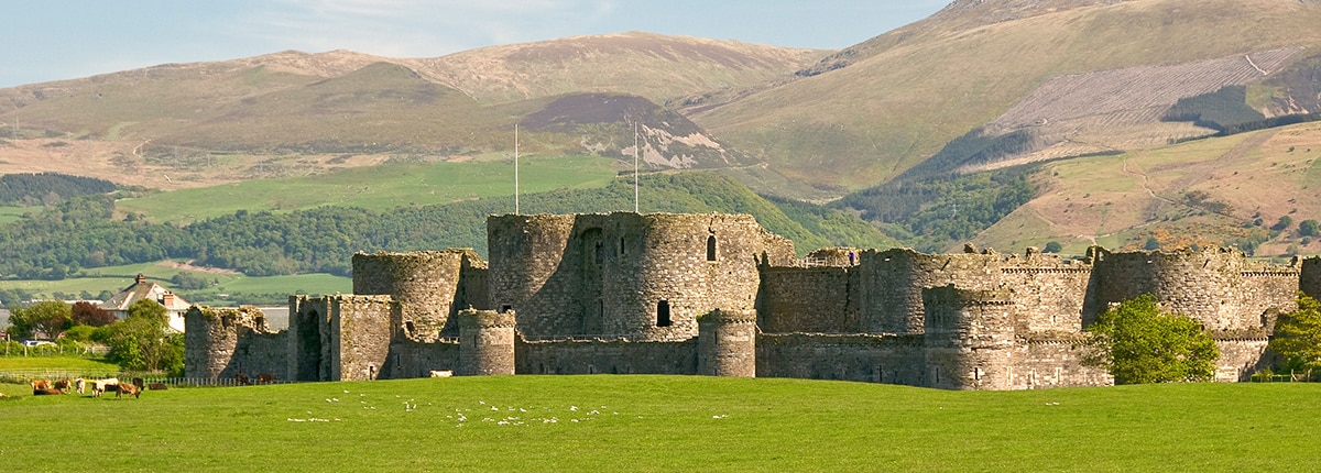 the Beaumarais castle and beautiful mountains in the background