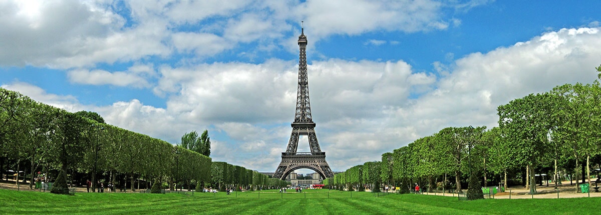 the eiffel tower stands between trees on a cloudy day