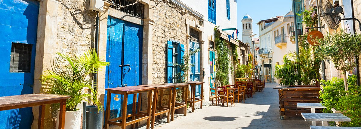 doors and window frames are painted blue in the genethliou mitella street in limassol