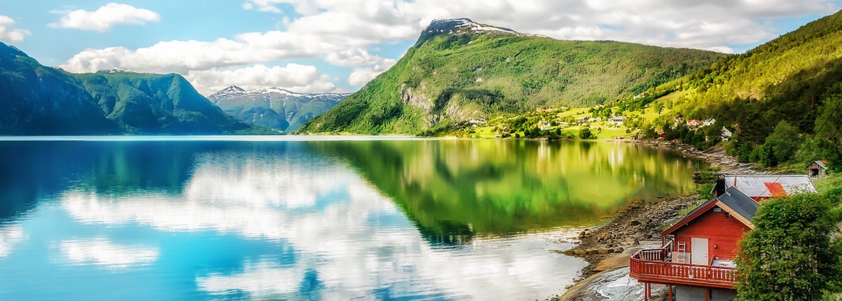 beautiful serene lustrafjorden on a bright day