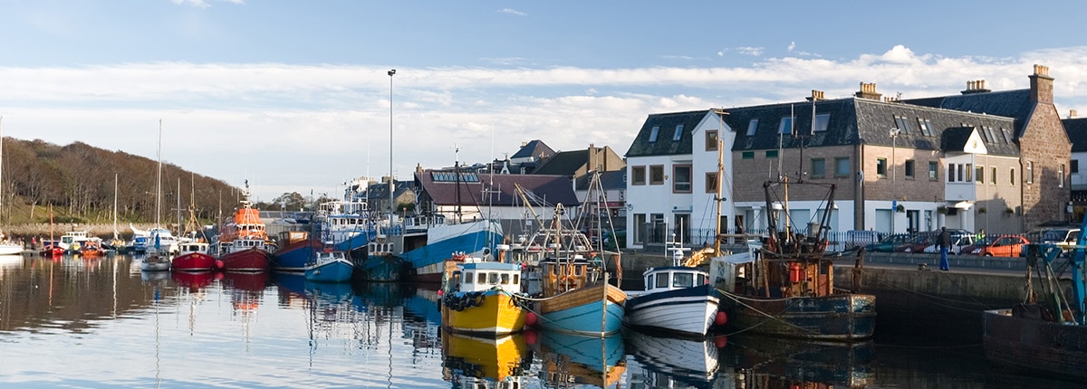 colorful sailboats and buildings along the harbour in stornoway, scotland