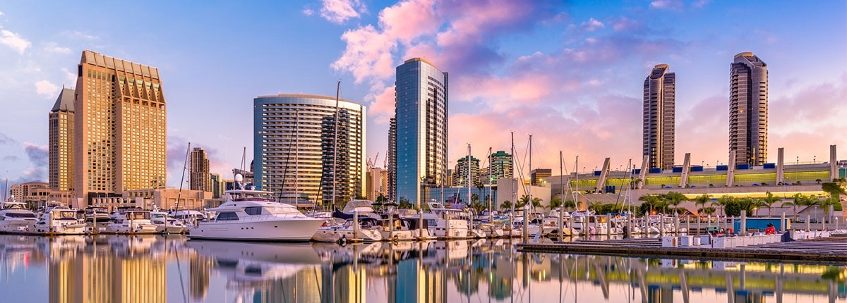 view of san diego skyline and marina