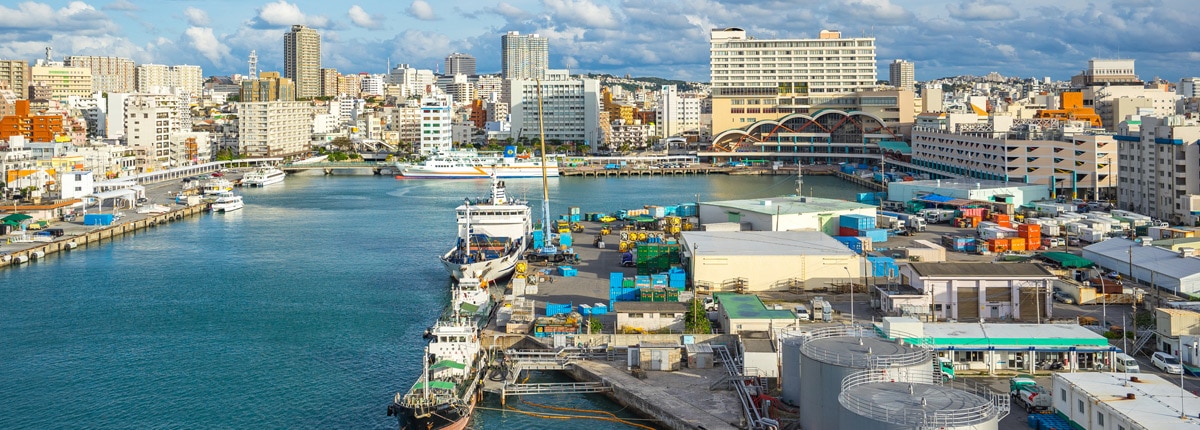 beautiful skyline view at the tomari port in naha, okinawa