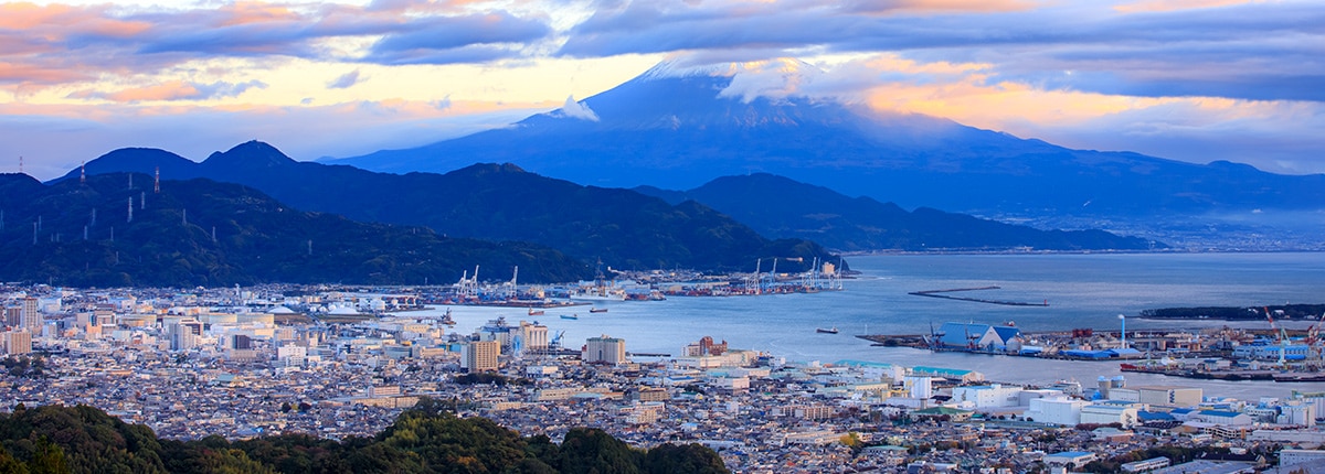 view of the shipping port in shimizu, japan and mt fiji in the background