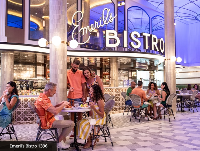 guests gather for a meal in front of emerils bistro 1396