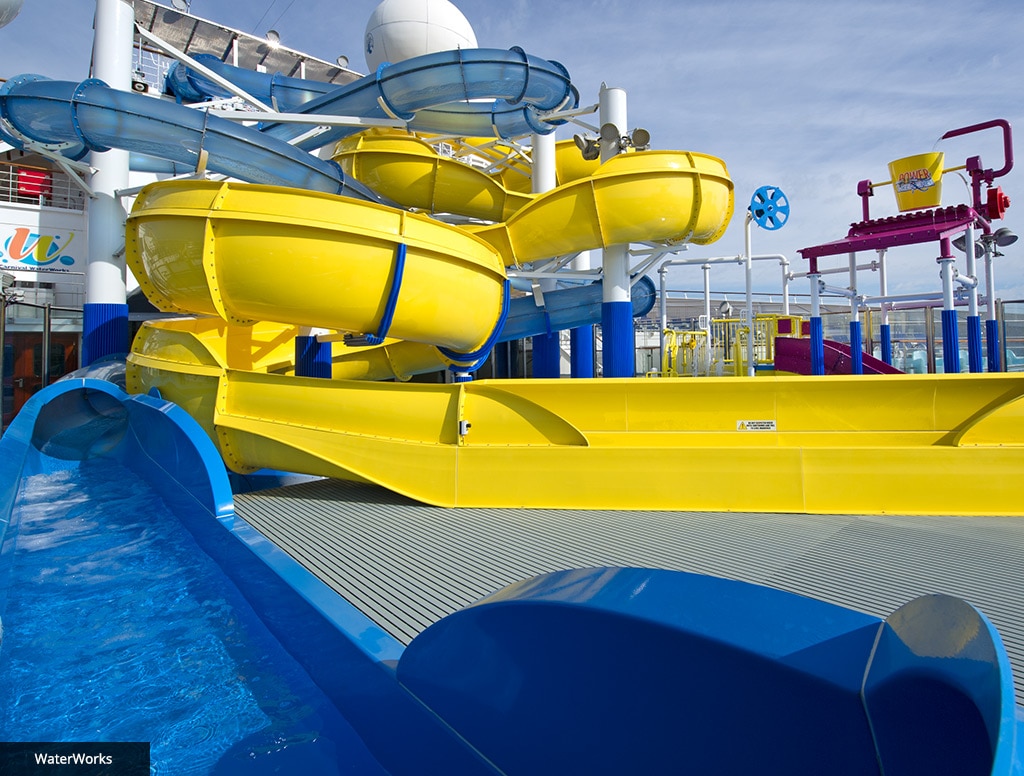 blue and yellow waterslides at waterworks